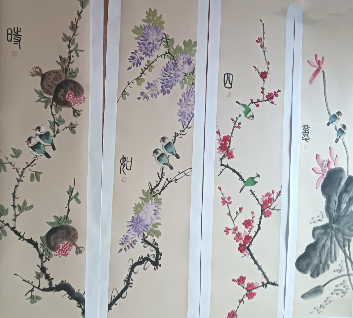 温叶强花鸟四条屏-国博文物