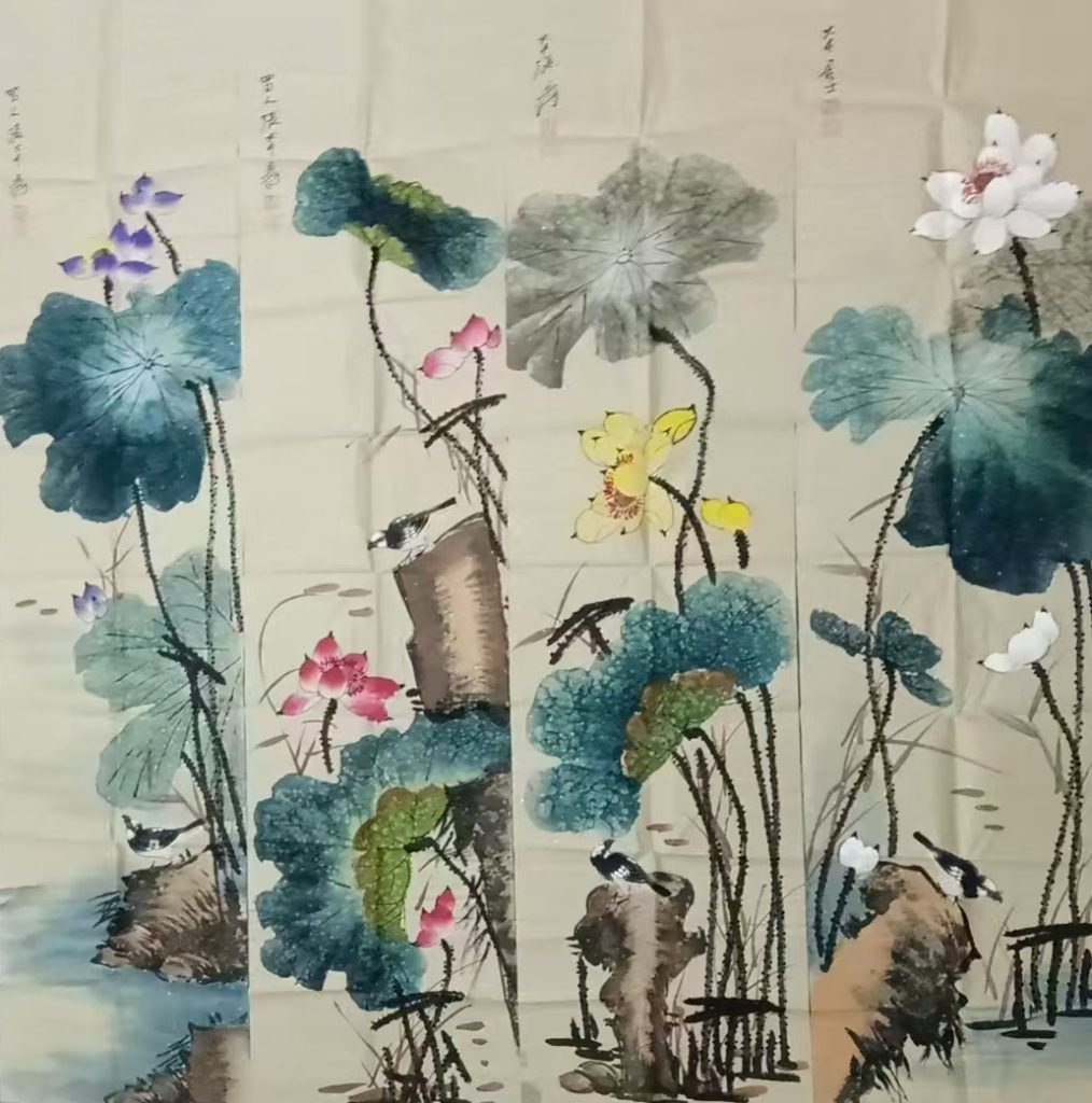 图片[1]-张大千荷花四条屏-国博文物