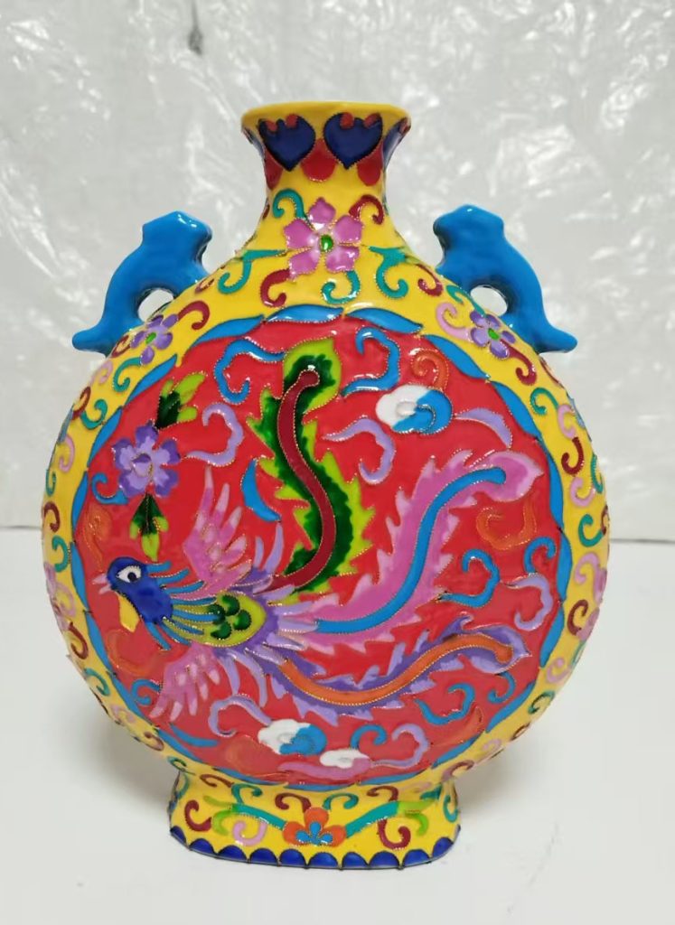 图片[1]-乾隆掐丝珐琅龙凤呈祥双耳扁瓶-国博文物