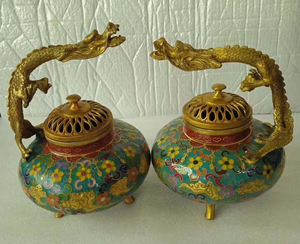 图片[1]-景泰蓝狮盖龙耳香薰炉-国博文物