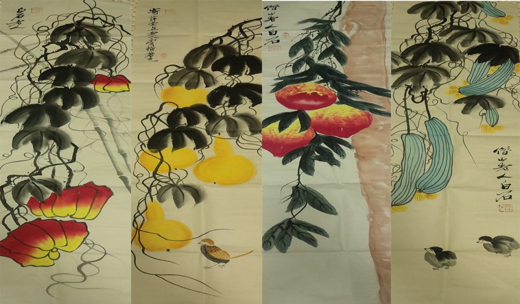 图片[1]-齐白石寿桃四条屏-国博文物